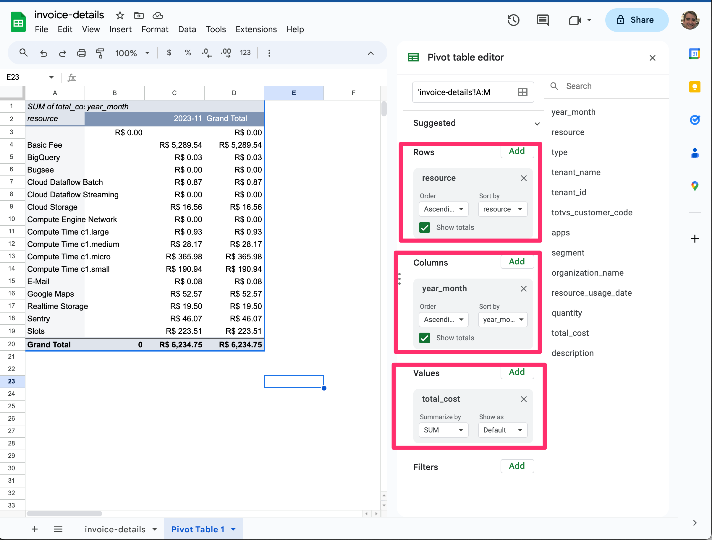 Billing - Configurando uma Pivot Table