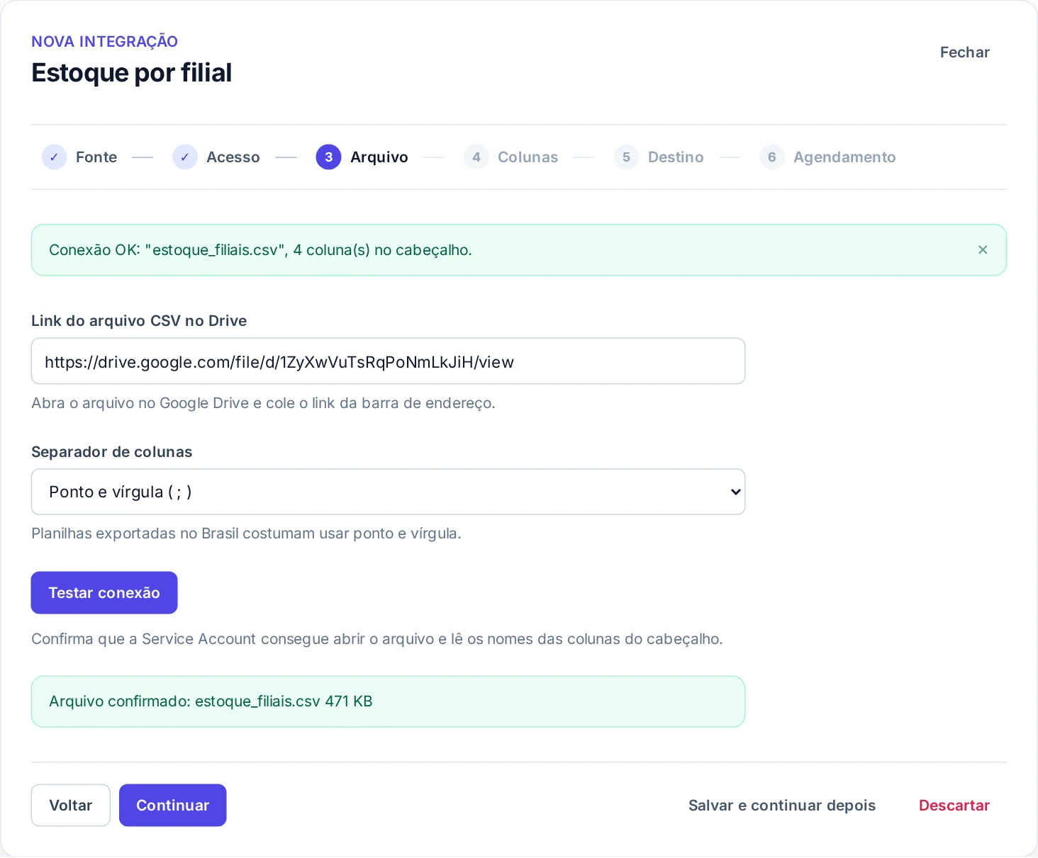 Passo Arquivo de uma integração CSV