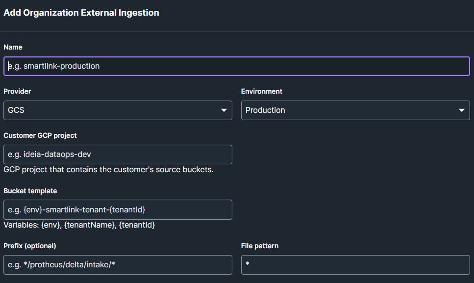 Configuração geral External Ingestion Org