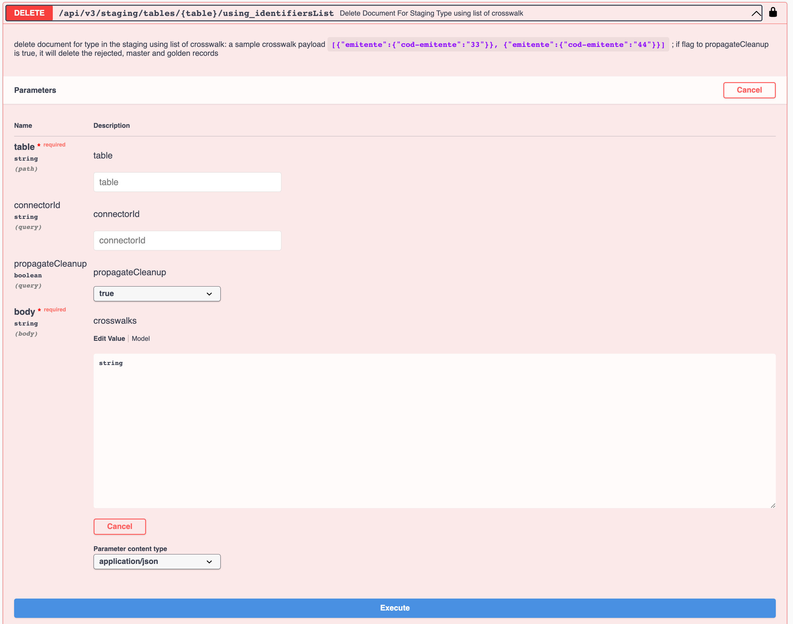 Swagger - Staging - Delete Data API