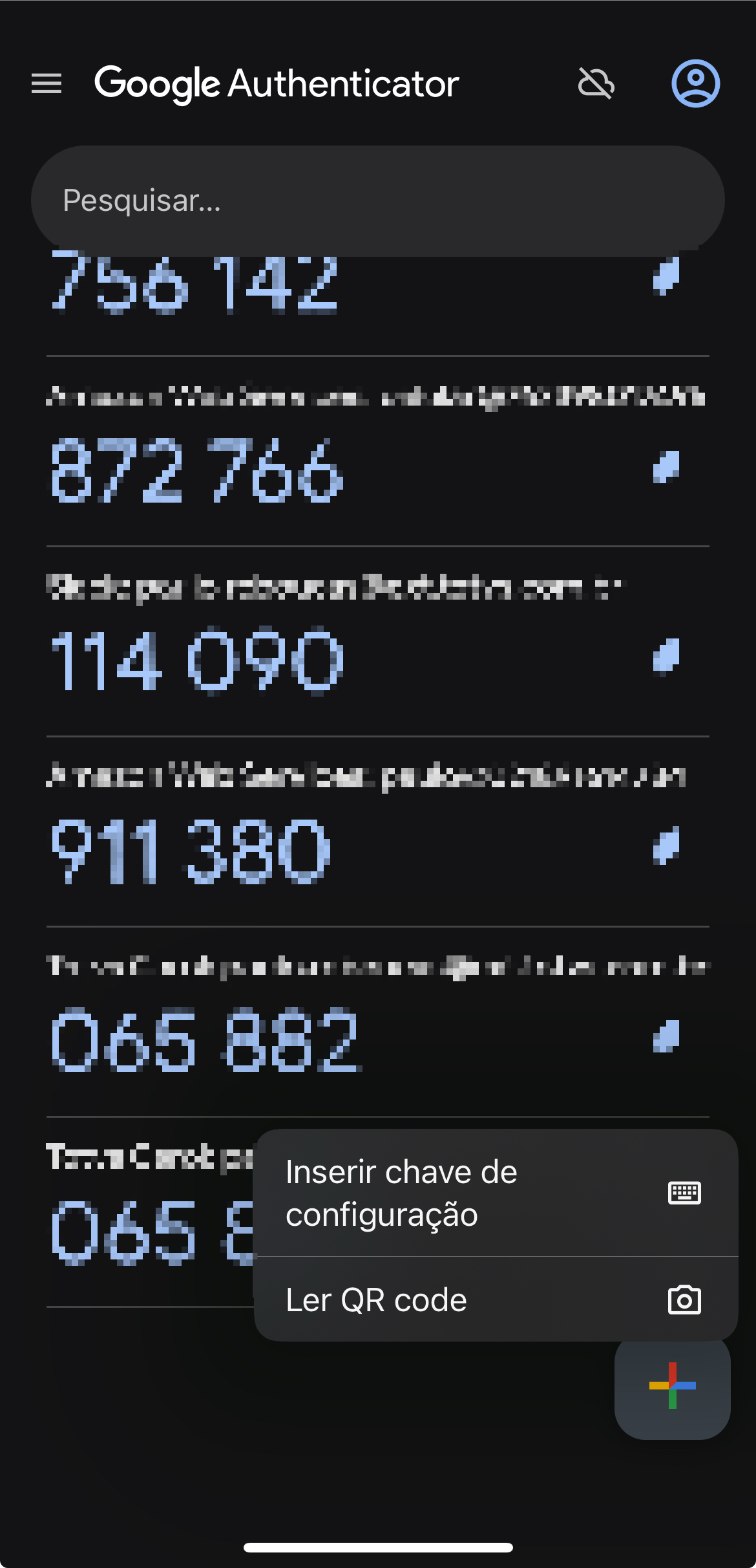 Tela do aplicativo Google Authenticator com os códigos