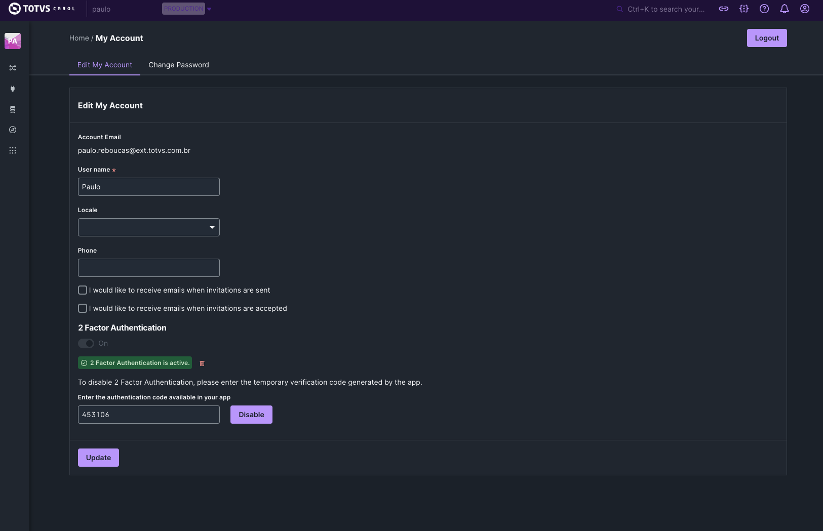 Tela de Edit My Account mostrando a seção de 2FA com o controle deslizante desativado