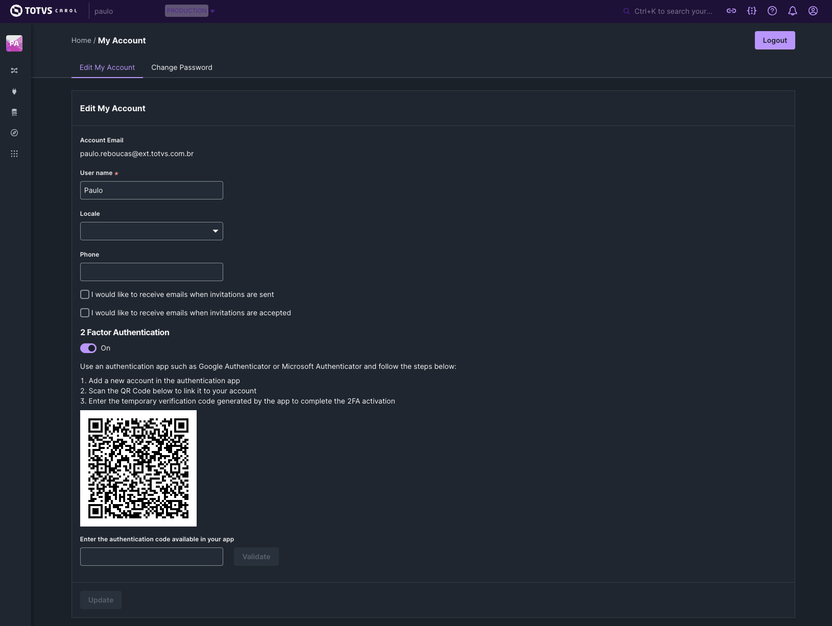 Tela mostrando o código QR e as instruções para configuração